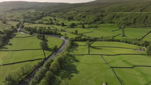 Drone footage of Muker and Valley that contain flower meadows