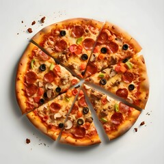 Pizza on a wooden board, isolated on a white background.