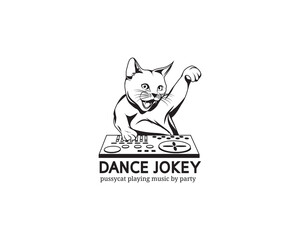 cute cat logo playing dj controls.
silhouette illustration on white background.