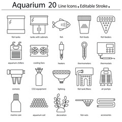 Aquarium line icons set, editable stroke signs - obrazy, fototapety, plakaty