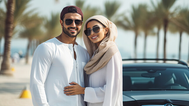 Arabic couple with traditional clothes dating outdoors with luxury sport car on background