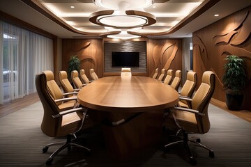 A business conference room in warm and wood tones. Great for articles and presentations about business, finance, meetings, teams, marketing and more. 