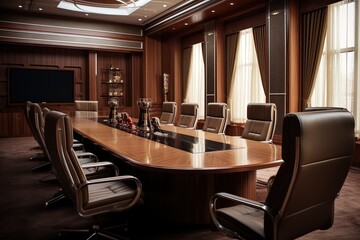 A business conference room in warm and wood tones. Great for articles and presentations about business, finance, meetings, teams, marketing and more. 