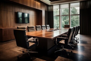 A business conference room in warm and wood tones. Great for articles and presentations about business, finance, meetings, teams, marketing and more. 