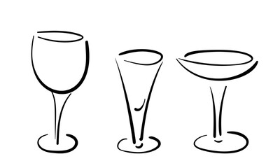 Glass for wine and alcohol drinks doodle set of three glassware, hand drawn simple line vector drinkware