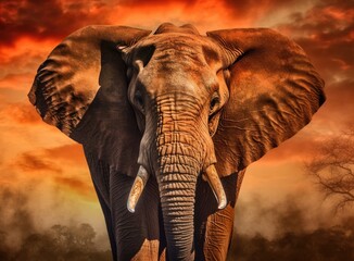 Fototapeta na wymiar Elephant standing in front of intense sunset. Generative AI.