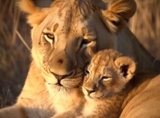 Mother and her cub relaxing on a plain.