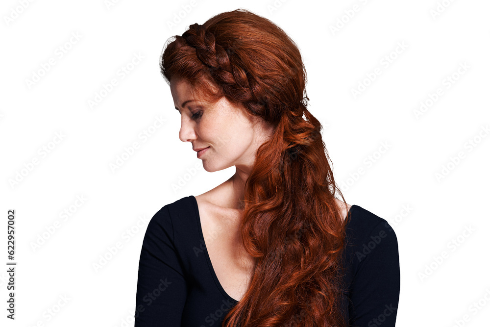 Canvas Prints Beauty, ginger and braid with woman and hair style on png for red head, cosmetics and salon treatment. Makeup, haircare and glow with face of person isolated on transparent background for self care