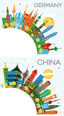 China and Germany City Skyline Set with Color Buildings, Blue Sky and Copy Space.