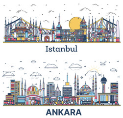 Outline Ankara and Istanbul Turkey City Skyline Set.