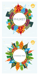 Chiang Mai and Phuket Thailand City Skyline Set with Color Buildings, Blue Sky and Copy Space.
