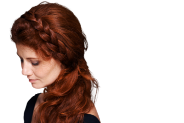 Beauty, hair style and braid with woman on png for red head, cosmetics and salon treatment. Ginger, haircare and glow with female person isolated on transparent background for self care and shampoo