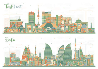Baku Azerbaijan and Tashkent Uzbekistan City Skyline Set with Color Buildings. Cityscape with Landmarks.