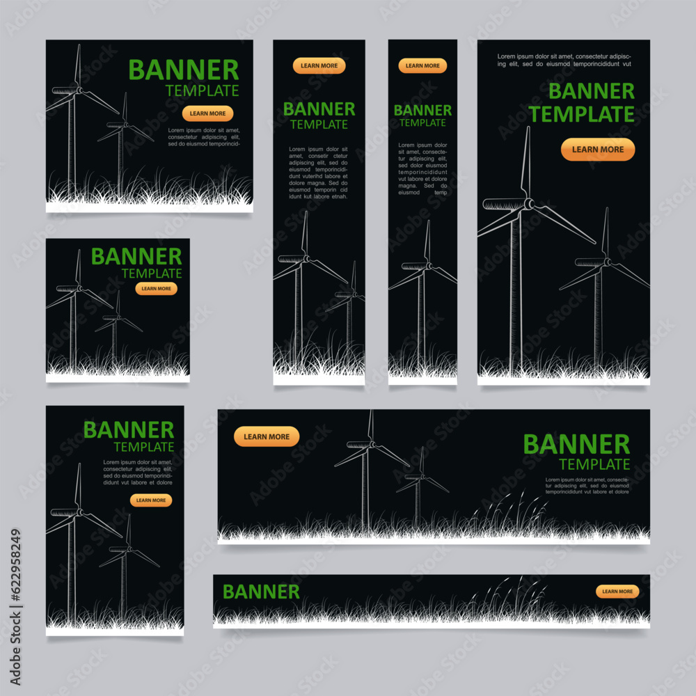 Poster wind turbines web banner design template. sustainable power of wind. vector flyer with text space. a