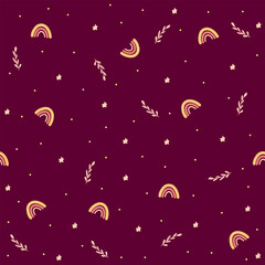 rainbows and botanical elements seamless pattern,childish print for wallpaper,kids fabric,nursery interior,pastel baby shower illustration in boho style,dark background in boho style.