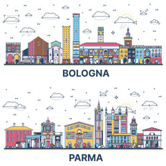 Outline Parma and Bologna Italy City Skyline Set with Colored Historic Buildings Isolated on White. © BooblGum