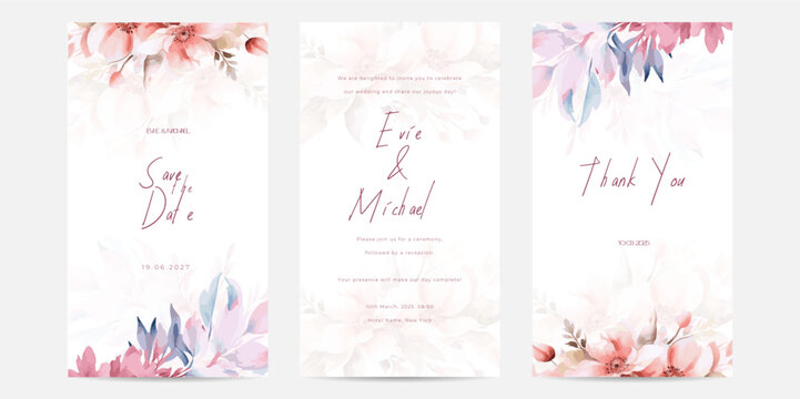 Vector watercolor wedding invitation floral and leaves card template