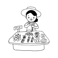 woman sell fruits and vegetables at market, outline drawing style vector