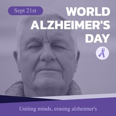 Fototapeta na wymiar Composition of world alzheimer's day text over senior caucasian man with eyes closed