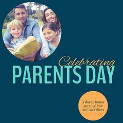Celebrating parents day text with happy caucasian parents, son and daughter reading outside