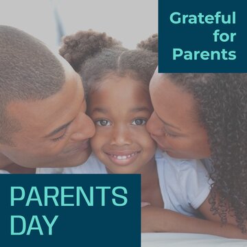 Grateful for parents, parents day text with happy african american parents kissing daughter