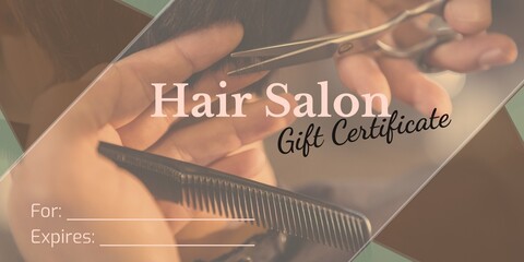 Composition of gift certificate text over hands of biracial female hairdresser giving cutting hair - Powered by Adobe