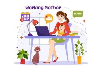 Working Mother Vector Illustration with Mothers who does Work and Takes Care of her Kids at the Home in Multitasking Cartoon Hand Drawn Templates