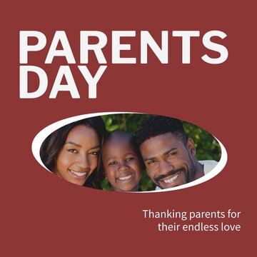 Parents day text on red with portrait of happy african american parents and son outside