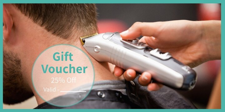 Composition of gift voucher text over female hairdresser giving caucasian man haircut