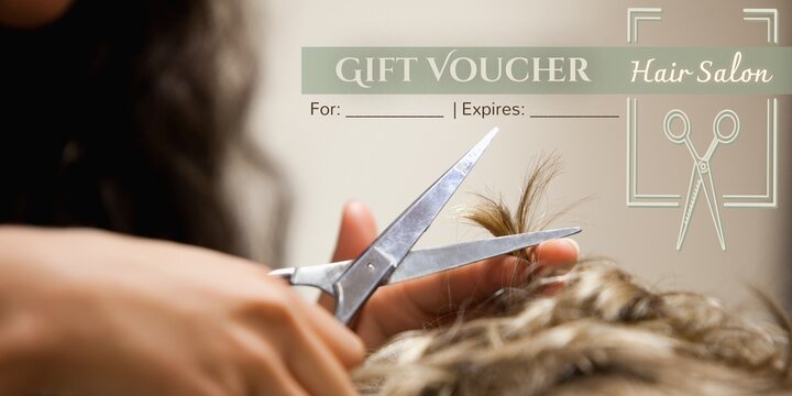 Composition of gift voucher text over female hairdresser giving caucasian man haircut
