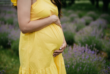 Fototapeta na wymiar Summer pregnancy background. Pregnant belly