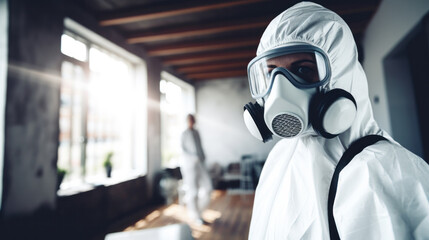 Male scientist doctor in professional respirator, glasses, latex gloves and protective suit getting ready for pandemic outbreak quarantine.