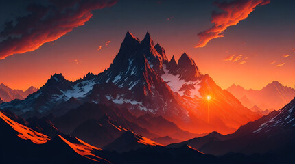Ethereal Majesty: A Vibrant Sunset Over a Majestic Mountain Range