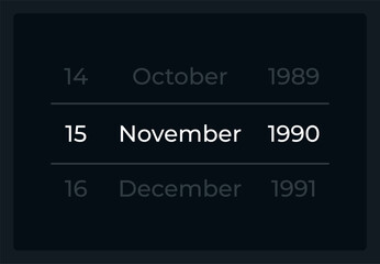 Birthdate form field UI element template. Editable isolated vector dashboard component. Flat user interface. Visual data presentation. Web design widget for mobile application with dark theme