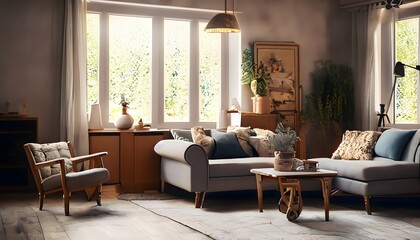 Home Decoration, Photography illustration of a cozy living room with a rustic touch in the Anytime environment.