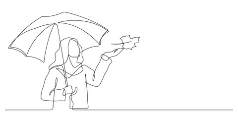 woman and autumn rain umbrella one line drawing vector illustration