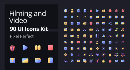 Video production flat gradient fill ui icons for dark mode. Filmmaking software. Movie editing. Motion picture. Pixel perfect color pictograms kit. GUI, UX design for web. Vector isolated RGB images