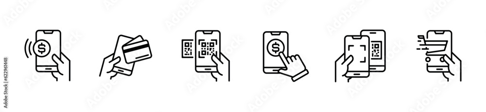 Poster mobile online payment line icon vector set smartphone to transfer money with code symbol outline ill