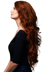 Profile, ginger and woman with red curly hair, healthy long growth and soft hairstyle, highlights or extensions. Salon transformation, clean and auburn person isolated on transparent, png background - obrazy, fototapety, plakaty