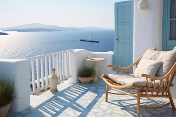 Chic and luxurious balcony in Santorini, designed with a modern touch, featuring chairs perfect for a sunny day with stunning sea views