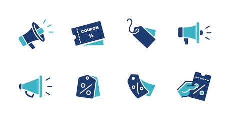 full collection of megaphone promotion tag icon set discount shopping special offer symbol illustration for market sale online voucher commerce design vector