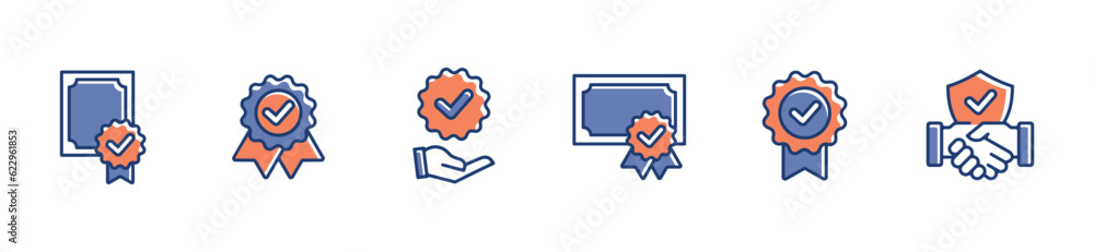 Poster verified checkmark icon vector set for a guarantee agreement certified award for successful business