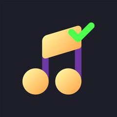Confirmed music flat gradient fill ui icon for dark theme. Add song to video. Approved audio track. Pixel perfect color pictogram. GUI, UX design on black space. Vector isolated RGB illustration