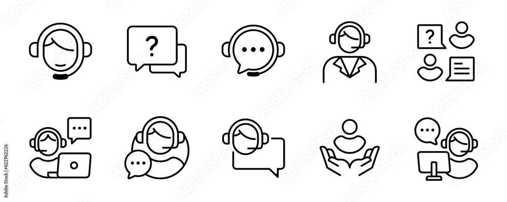 Poster set of online support assistance icon collection vector customers service agent helping technical solution client symbol outline illustration