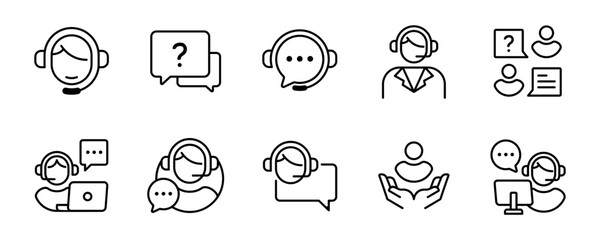 set of online support assistance icon collection vector customers service agent helping technical solution client symbol outline illustration - obrazy, fototapety, plakaty