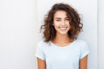 Fototapeta premium Close up of a young woman smiling and wearing a white t-shirt on a white background. Generative AI
