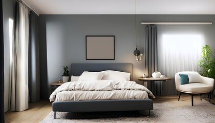Home Decoration, Photography illustration capturing a modern and minimalist bedroom with a serene atmosphere in the Anytime environment.
