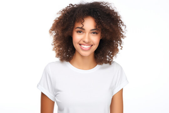 Close up of a young woman smiling and wearing a white t-shirt on a white background. Generative AI