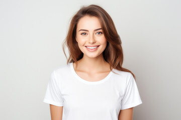 Fototapeta premium Close up of a young woman smiling and wearing a white t-shirt on a white background. Generative AI