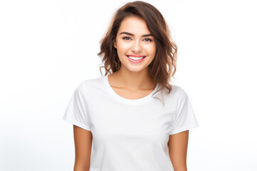 Fototapeta premium Close up of a young woman smiling and wearing a white t-shirt on a white background. Generative AI